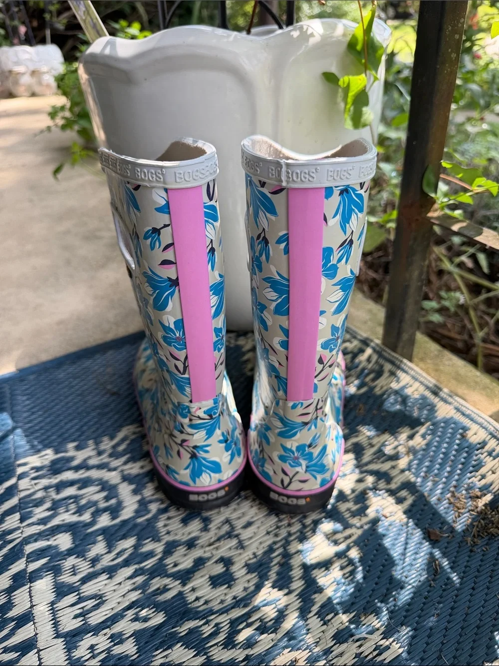 Bogs Youth Cream Floral Rain Boots with Blue Flowers